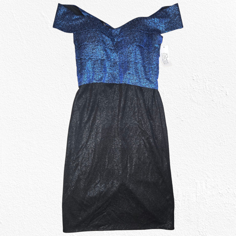 Rene Ruiz Collection Navy Blue Metallic Off Shoulder Ruffle Midi Dress Size 8 - Picture 2 of 14